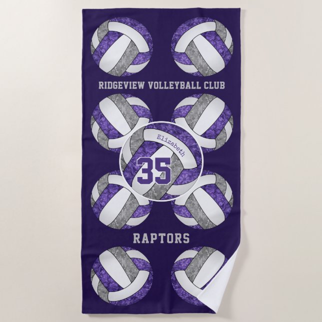 purple grey team colours girly volleyballs pattern beach towel (Front)