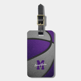 purple grey team colours monogrammed basketball luggage tag