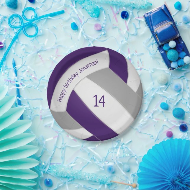 Purple grey teen volleyball party paper plate (Party)