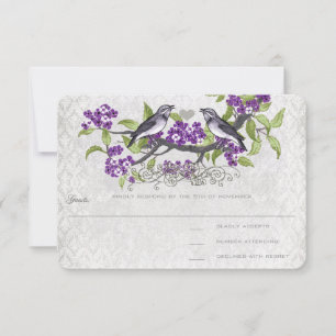 Purple & Grey Vintage Birds Damask Wedding RSVP Card