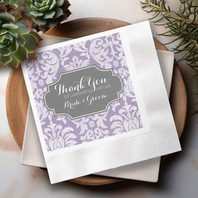Purple Grey Vintage Damask Wedding Thank you Napkin (Purple and White Lace Personalized Wedding Napkins)