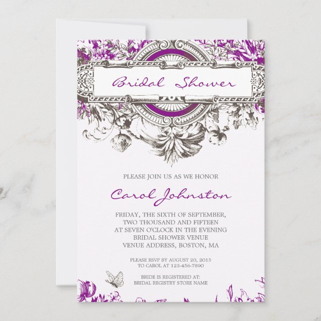 Purple Grey Vintage Floral Bridal Shower Invitation (Front)