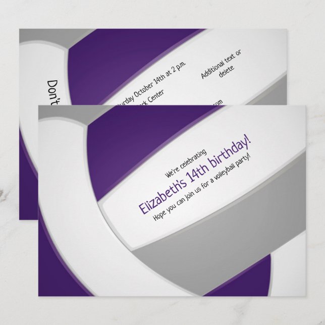 purple grey volleyball girls boys birthday party invitation (Front/Back)