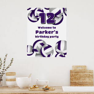 purple grey volleyballs birthday party welcome poster