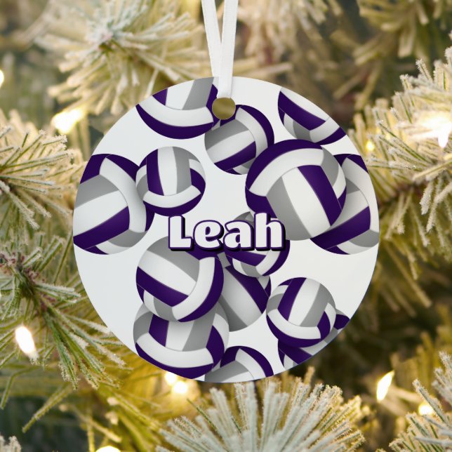 purple grey volleyballs with athlete name keepsake metal ornament (Insitu)
