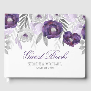 Purple Grey Watercolor Flowers Wedding Guest Book