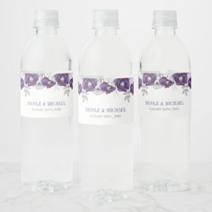 Purple Grey Watercolor Flowers Wedding Water Bottle Label
