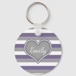 Purple Grey White Stripes & Heart Keychain