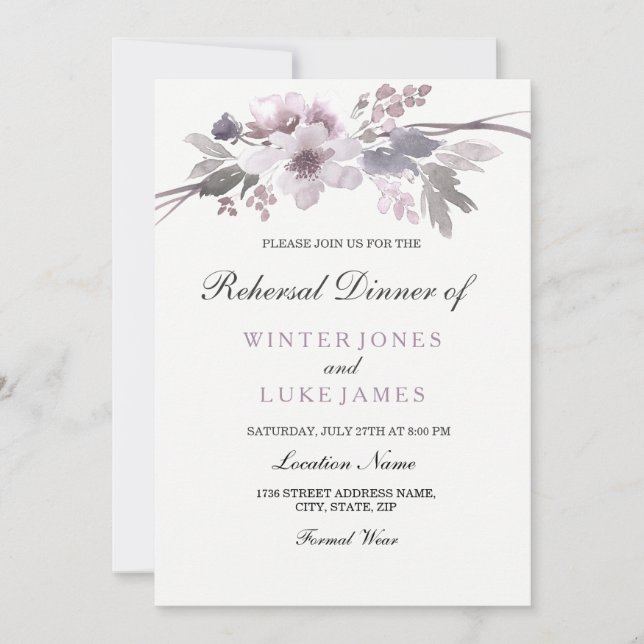 Purple Grey Winter Floral Wedding Rehearsal Dinner Invitation (Front)