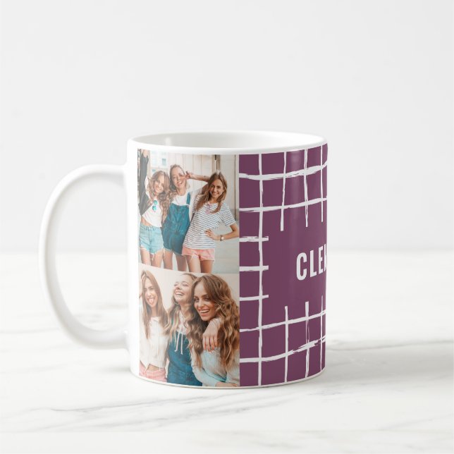 Purple grid 4 photo modern minimal simple coffee mug (Left)
