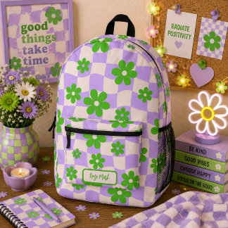 Purple Groovy Daisy Floral Chequerboard Printed Backpack