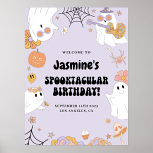 Purple Groovy Ghost Birthday Welcome Sign