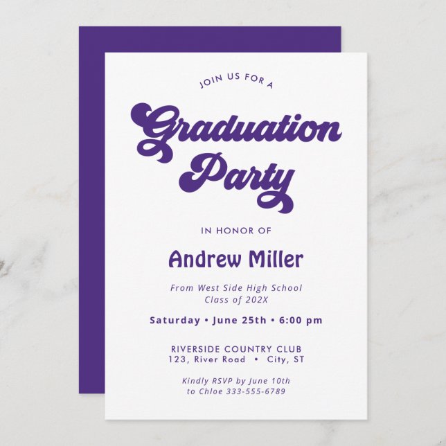 Purple Groovy retro Graduation Party Invitation (Front/Back)