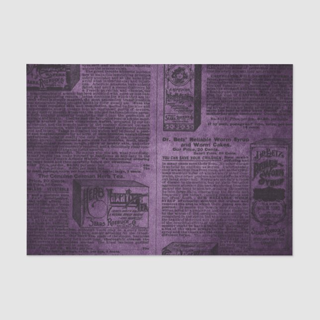 Purple Grunge Distressed Vintage Newspaper Tissue Paper (Front)