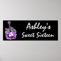 Purple Guitar Rock Star Sweet 16 Banner Poster