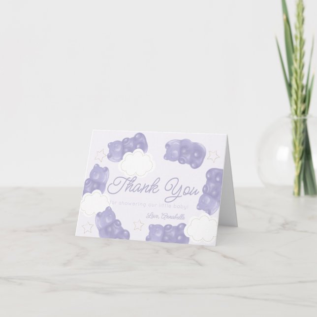 Purple Gummy Bear Baby Shower Thank You Card (Front)