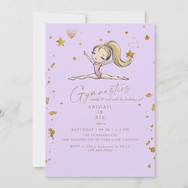 Purple Gymnastics Tumble & Twirl Birthday Party Invitation (Front)