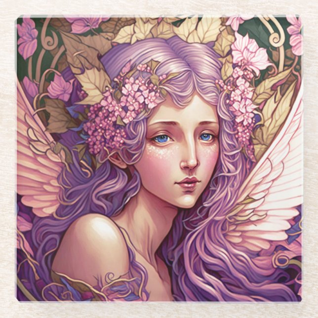 Purple Hair Fairy Angel Fantasy Art Glass Coaster (Front)