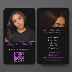Purple Hair Stylist QR Code Luxury Black Beauty Business Card