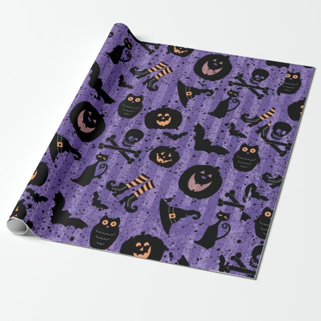 Purple Halloween Bat Pumpkin Witch Hat Owl Paper (Unrolled)