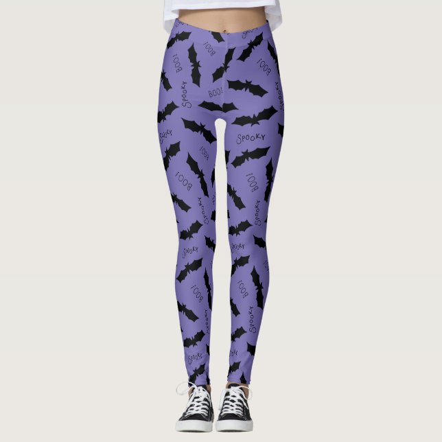 Purple Halloween Bats Boo Spooky Leggings (Front)