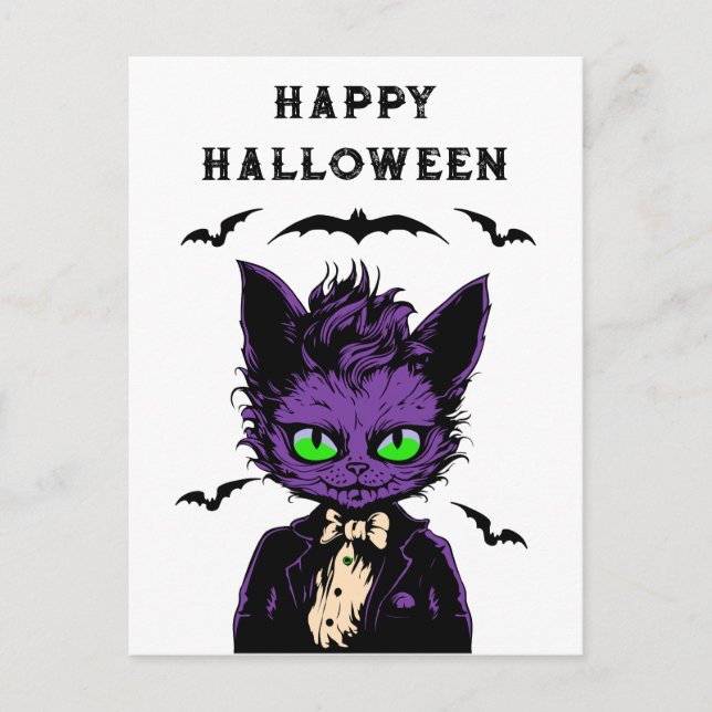 Purple Halloween Cat Postcard (Front)