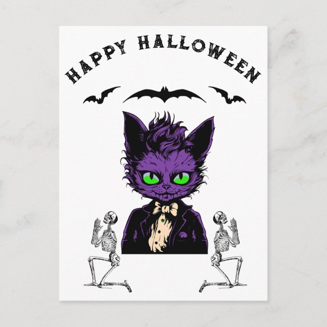 Purple Halloween Cat with Bats and Skeletons Postcard (Front)