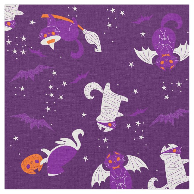 purple halloween cats mummy vampire bat witch fabric (Close Up)