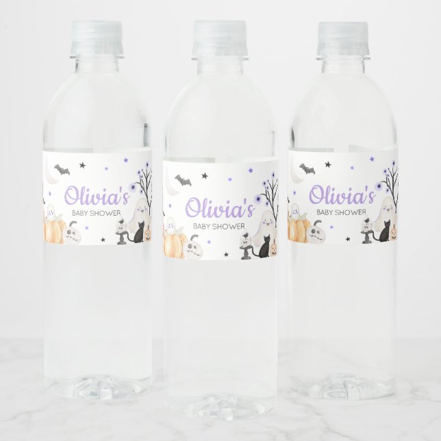 Purple Halloween Little Boo Baby Shower Water Bottle Label (Bottles)