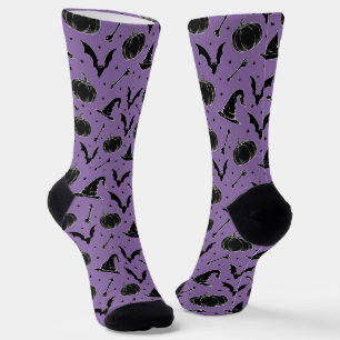 Purple Halloween Pattern Witch Hat Bat Pumpkin Art Socks