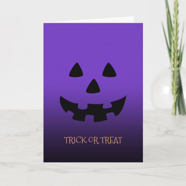 purple Halloween pumpkin face greeting card (Front)