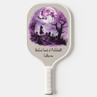 Purple Halloween Witch Black Cat Graveyard Moon  Pickleball Paddle