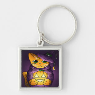 Purple Halloween Witch Cat Keychain