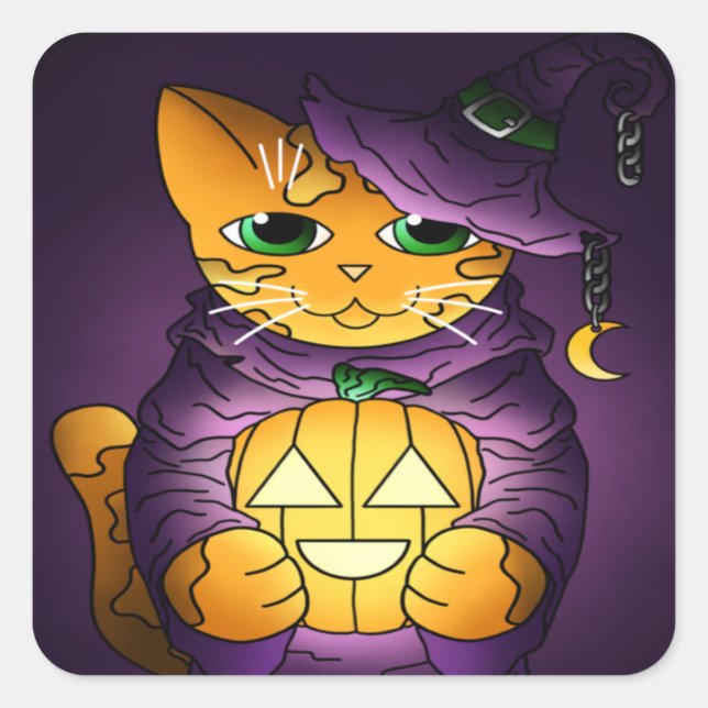 Purple Halloween Witch Cat Square Sticker (Front)