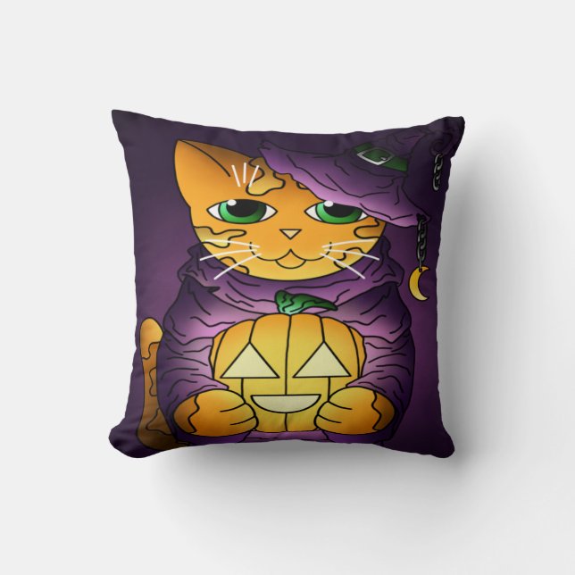 Purple Halloween Witch Cat Throw Pillow (Front)