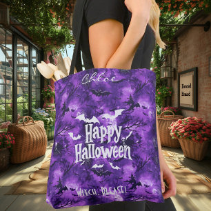 Purple Halloween with Flying Bats and Witches Tote Bag