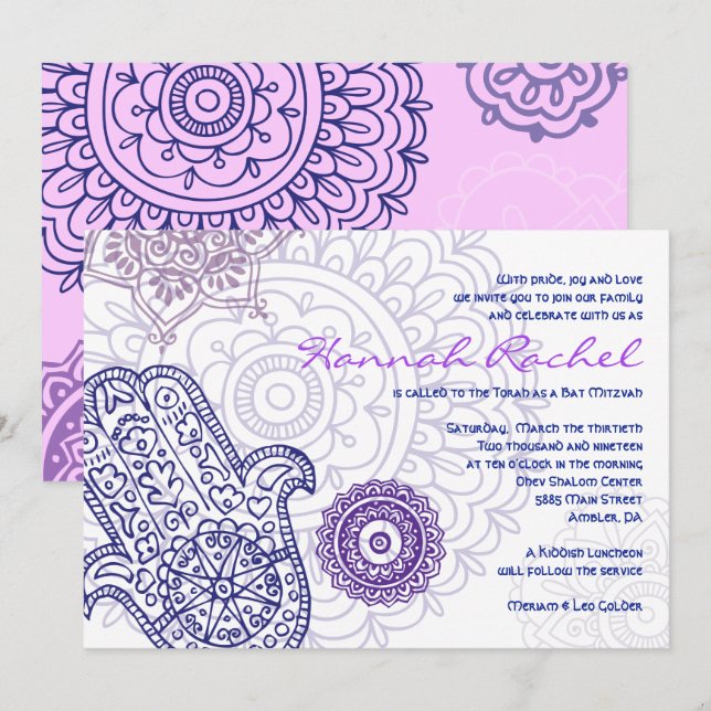 Purple HAMSA HAND of GOD Bat Mitzvah Invitation (Front/Back)