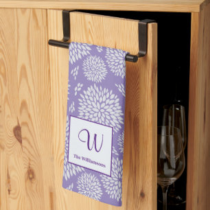 Purple Hand-drawn Flower pattern Monogram Kitchen Towel