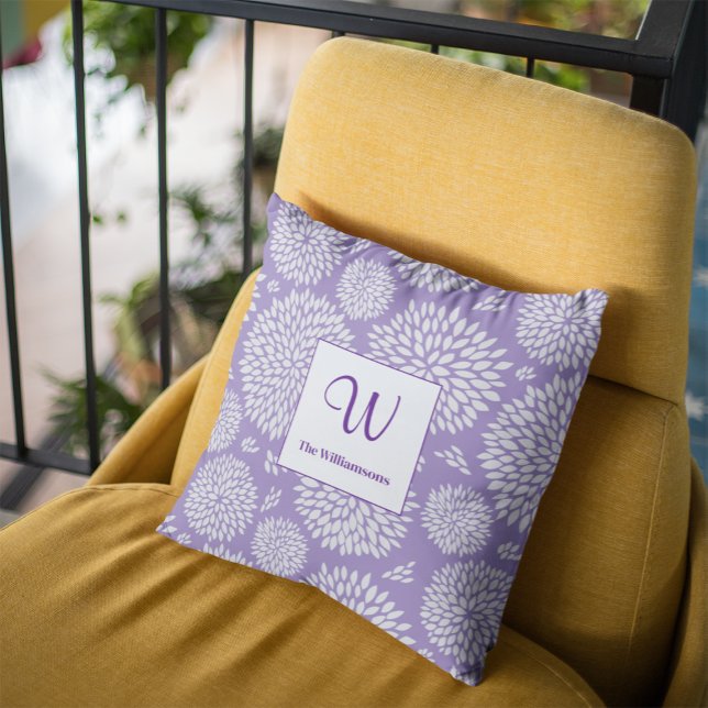 Purple Hand-drawn Flower pattern Monogram Throw Pillow (Creator Uploaded)