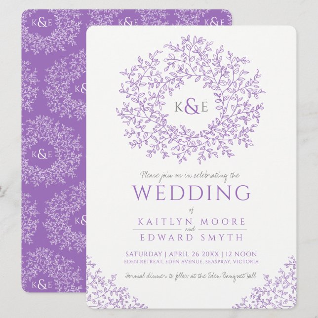 Purple hand drawn leaf monogram art wedding invitation (Front/Back)