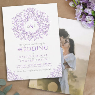 Purple hand drawn leaf monogram art wedding invitation