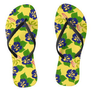 Purple Hand-Painted Pansy Flowers on Yellow Flip Flops