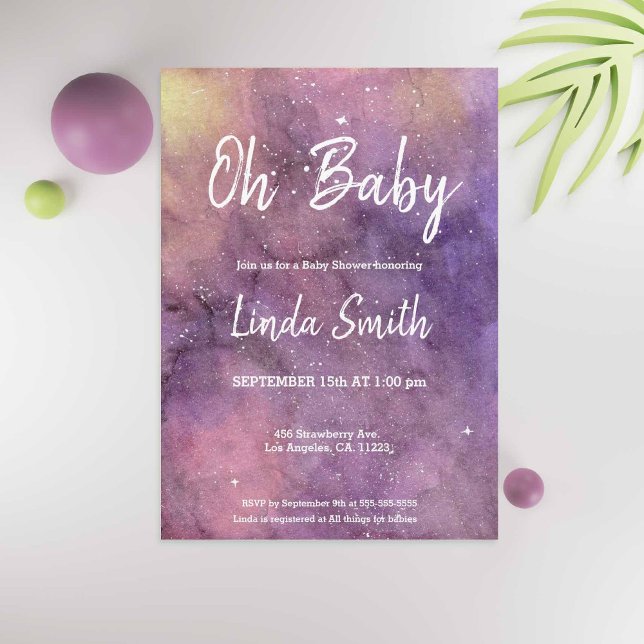 Purple Hand Painted Watercolor Galaxy Baby Shower Invitation (Creator Uploaded)