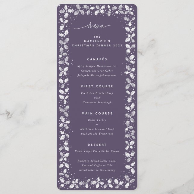 Purple Hand Printed Holly+Berries Christmas Menu (Front)