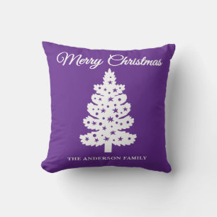 Purple Handwritten Script Christmas Tree Throw Pillow