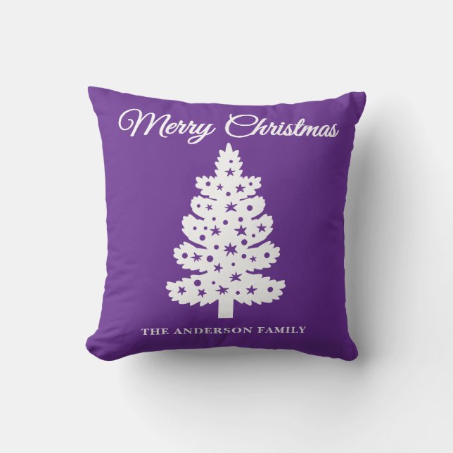 Purple Handwritten Script Christmas Tree Throw Pillow (Front)