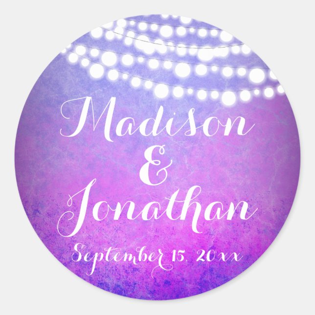Purple Hanging Fairy Twinkle Lights Wedding Classic Round Sticker (Front)