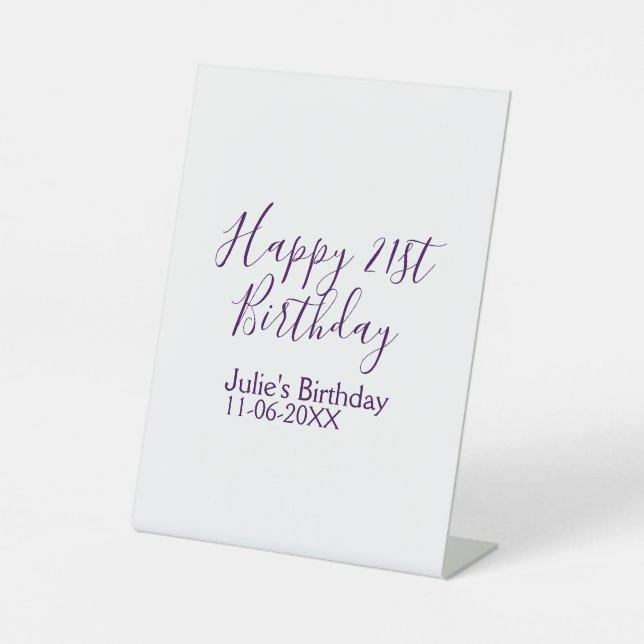 Purple happy 21st birthday name date Keychain Pedestal Sign (Front)