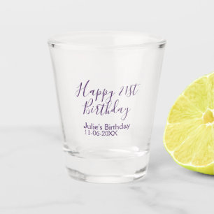Purple happy 21st birthday name date Keychain Shot Glass
