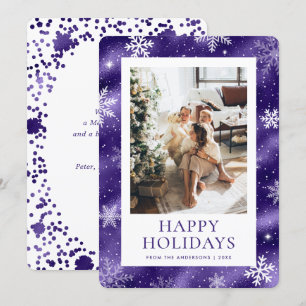 Purple Happy Holidays Snowflake Snow Photo Holiday Card
